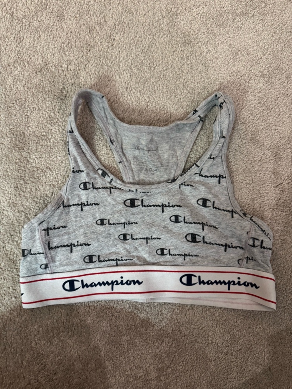 Champion Gray Logo-Print Racerback Sports Bra with Branded Band